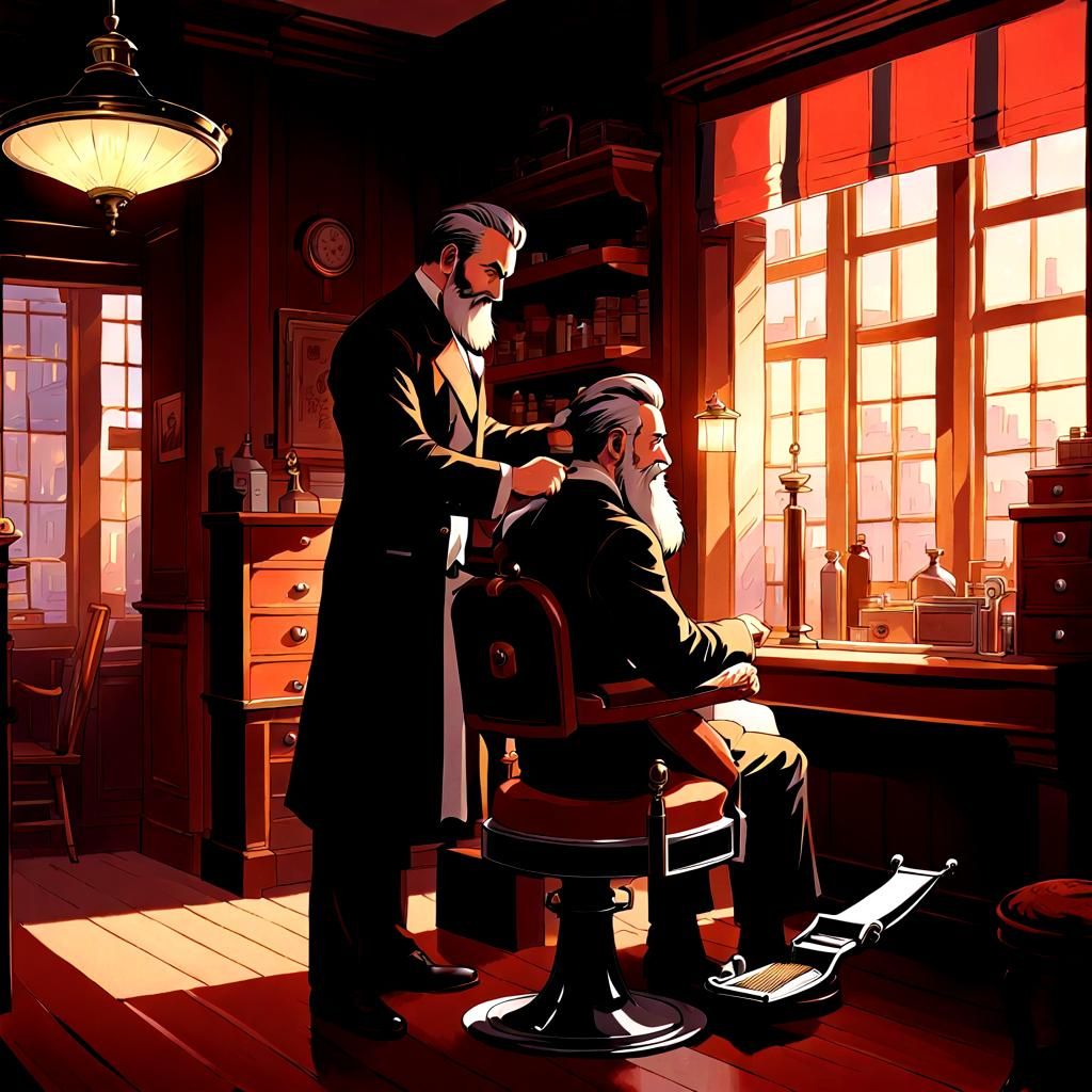 Barber Shaving Beard in Early 20th Century Shop