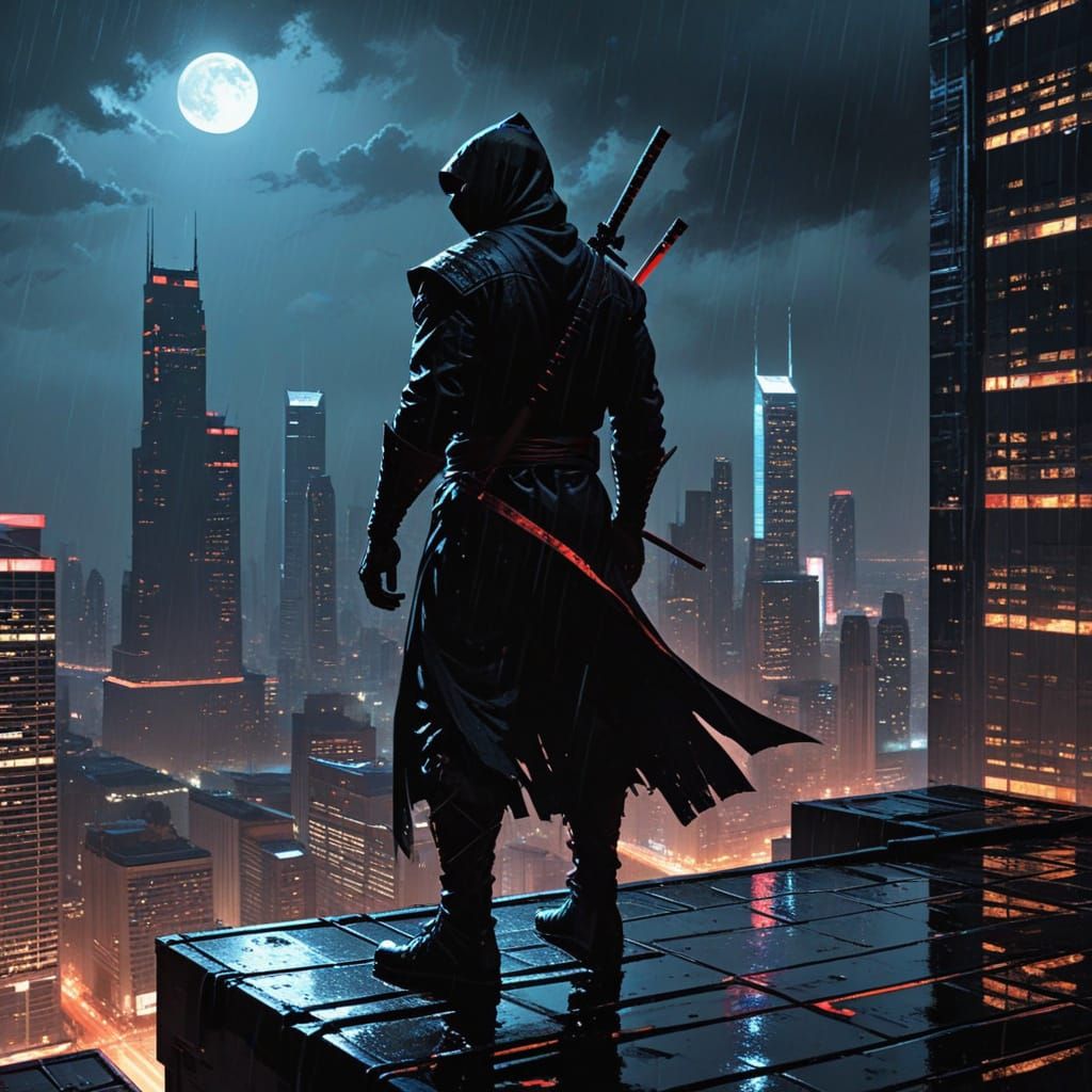 Ninja on Rooftop in Neon City, Noir Style