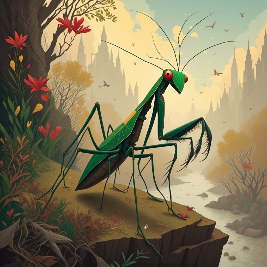 Surreal Praying Mantis in Winter Wonderland