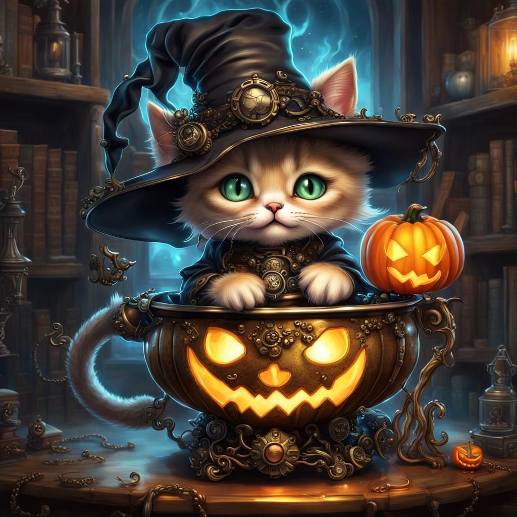 Steampunk Kitten Witch in Aetherpunk Style