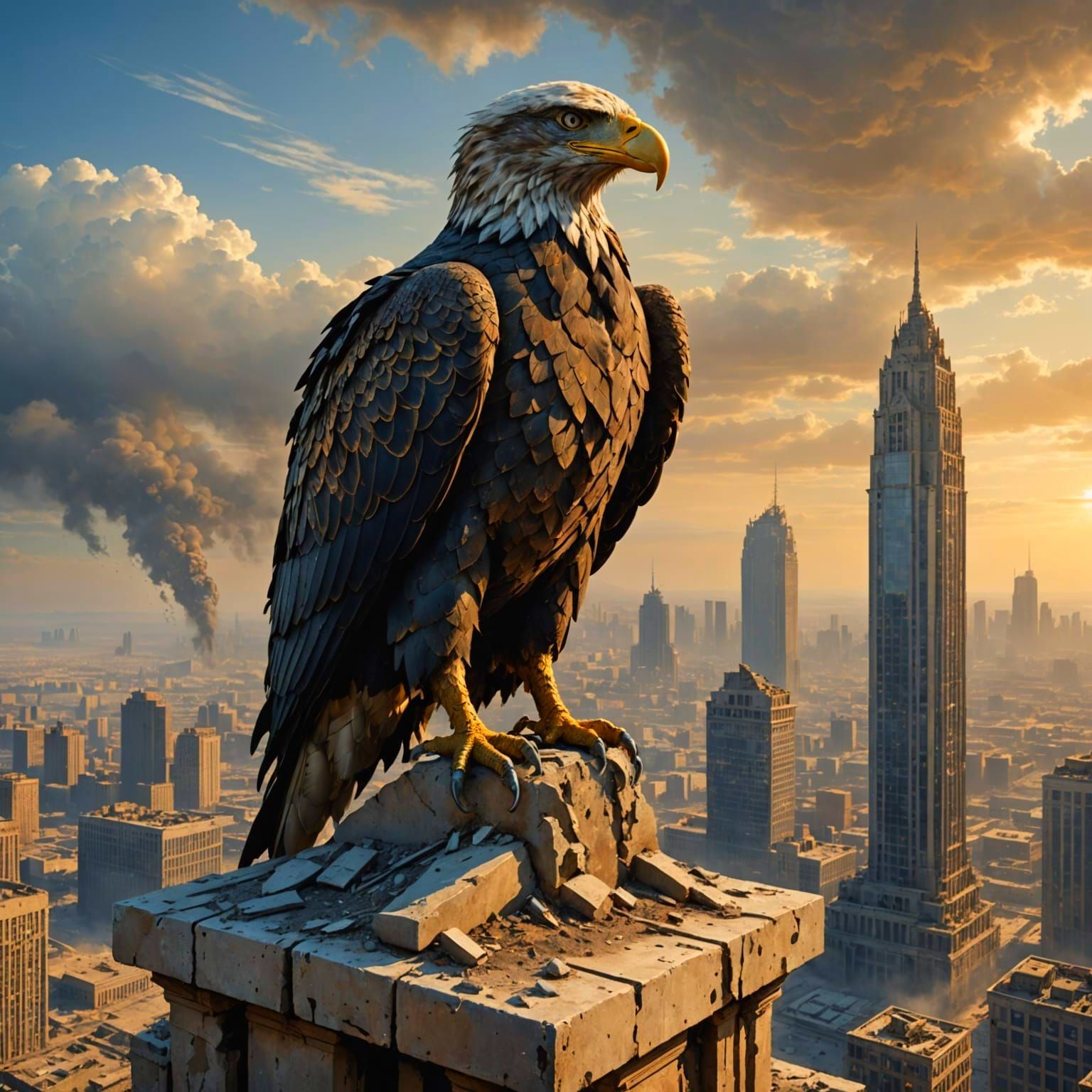 Stone Eagle Statue on Ruined Skyscraper in Post-Apocalyptic ...