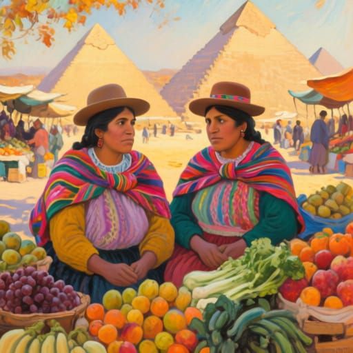 Peruvian Women in Vibrant Market Scene