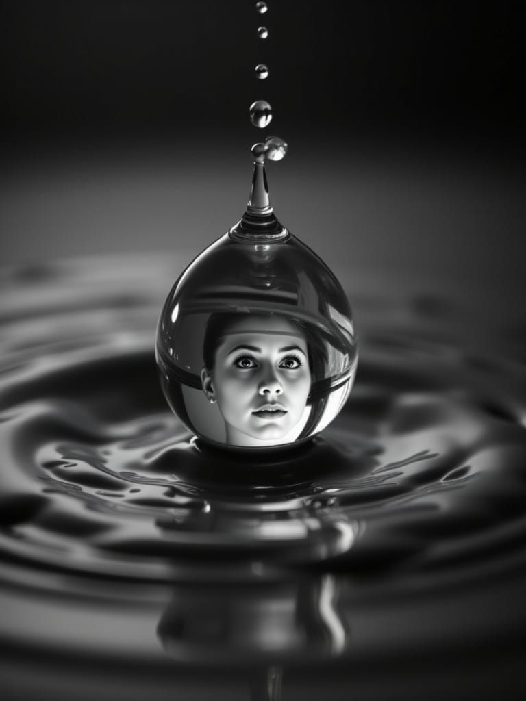 Water Droplet Reflection of Female Face Macro Photo