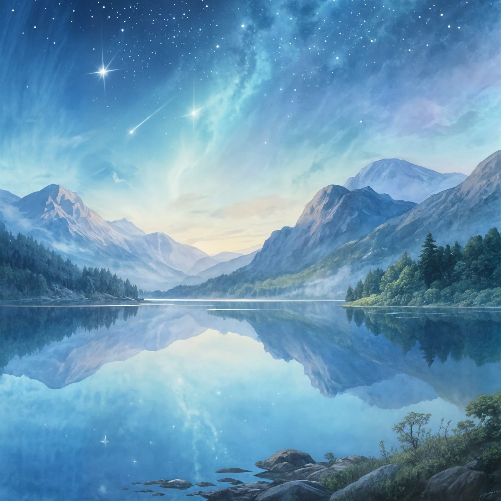 Dreamlike Lake Reflecting Starry Sky