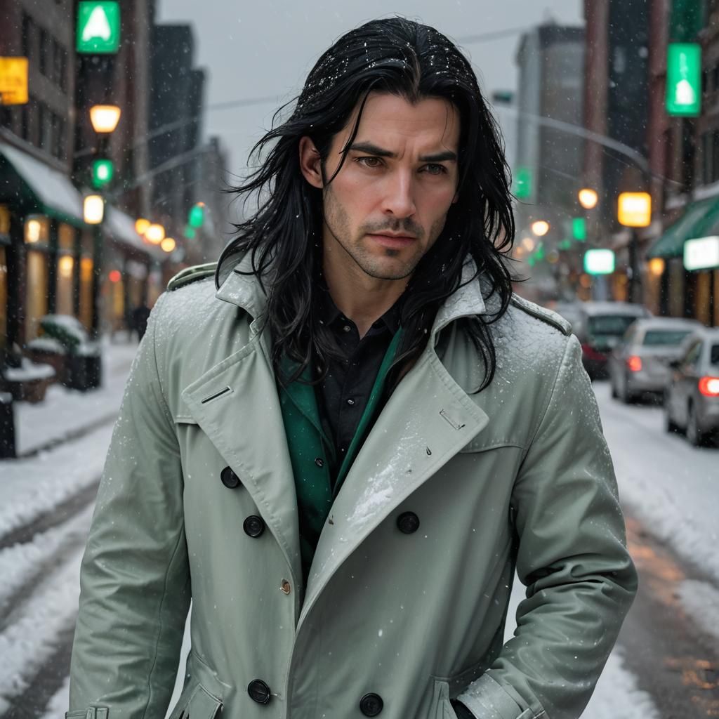 Handsome Man in Snowy Anchorage: Cinematic Film Still