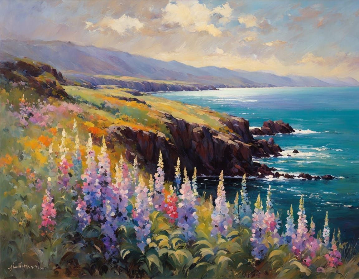 Pastel Lupines by the Sea: Oil Painting
