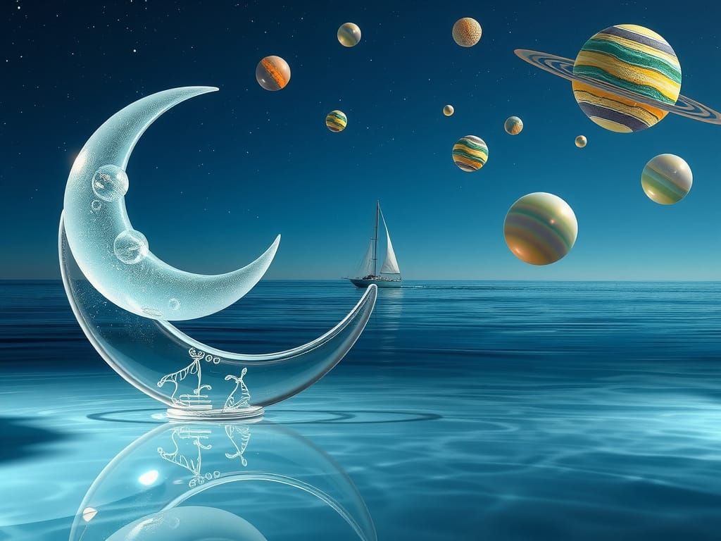 Glass Moon Sculpture Above Serene Sea