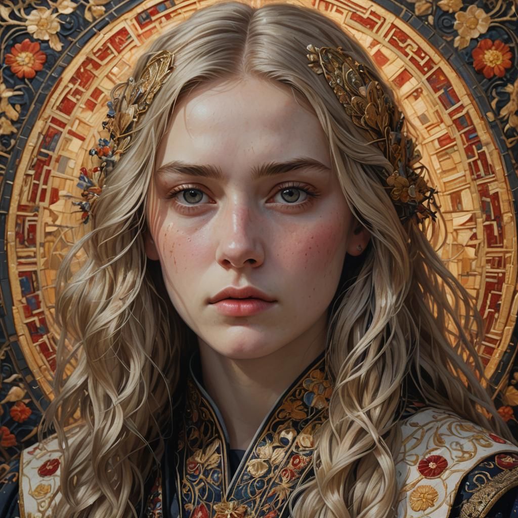 Sad Teenager with Grey Eyes in Embroidered Robes