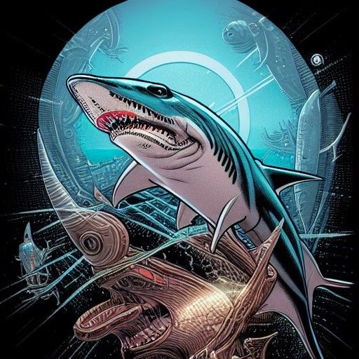 Cyborg Shark Comic Book Art