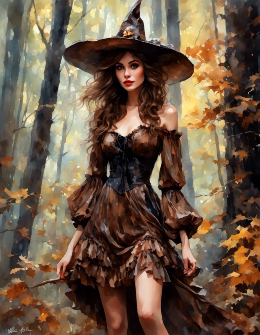 Cute Forest Witch in Gouache Painting Style