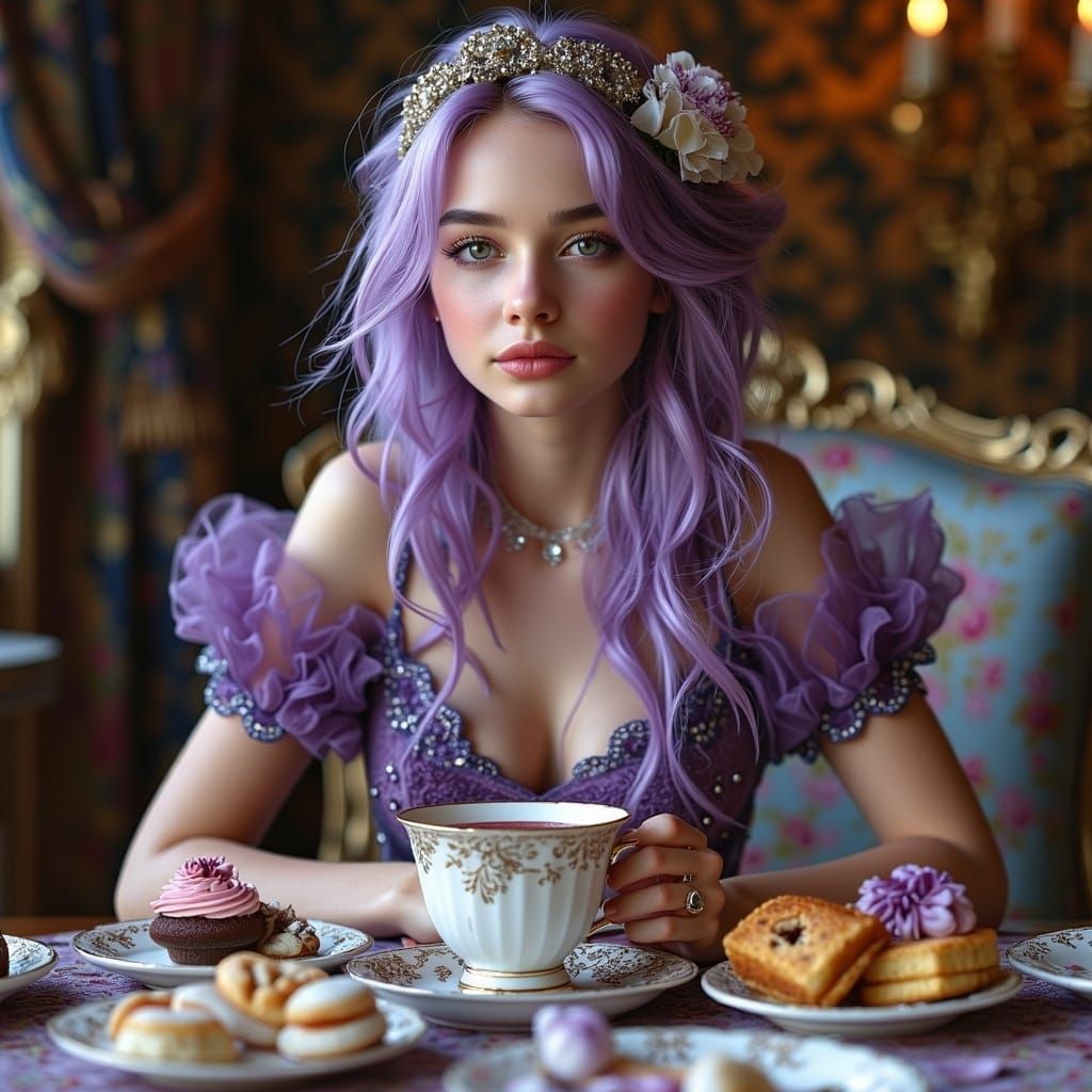 Woman with Lavender Hair in Folk Art Nouveau Style