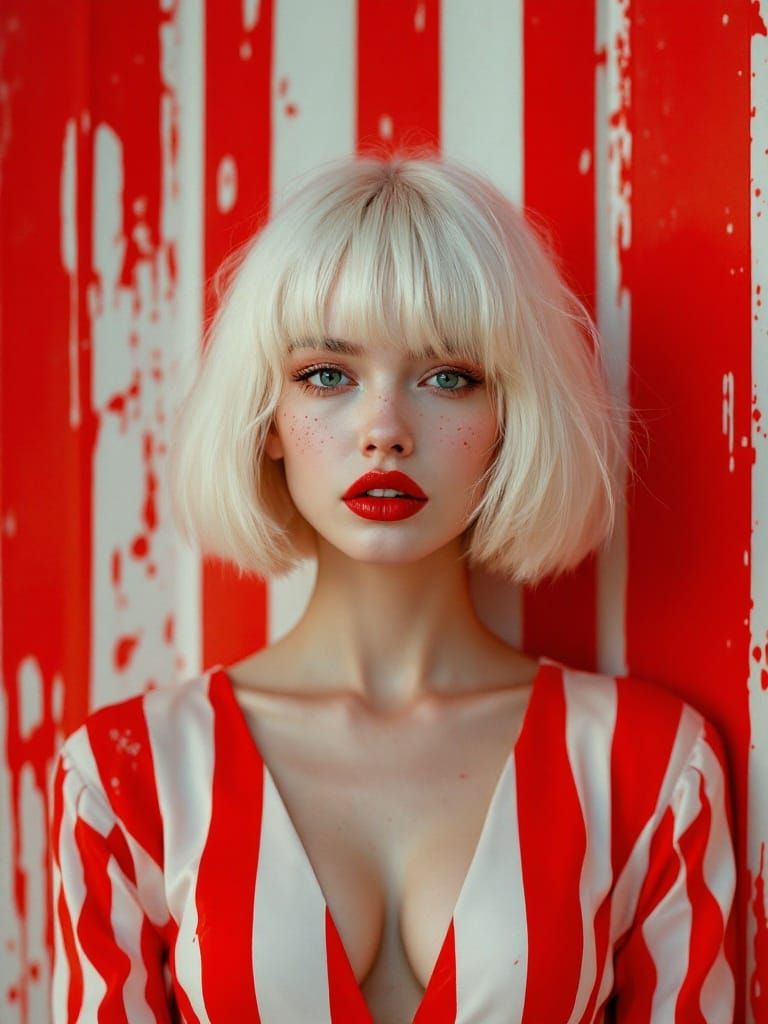 A Platinum Blonde Woman Exudes Quiet Confidence in a Dramati...