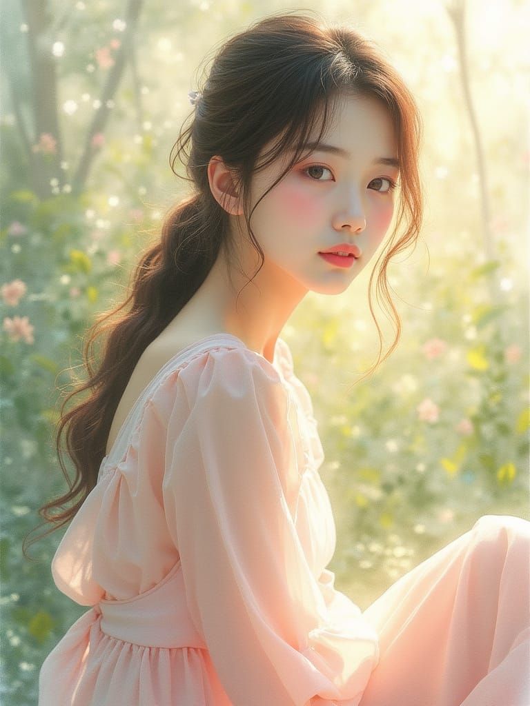 Ethereal Watercolor Portrait of Japanese Woman