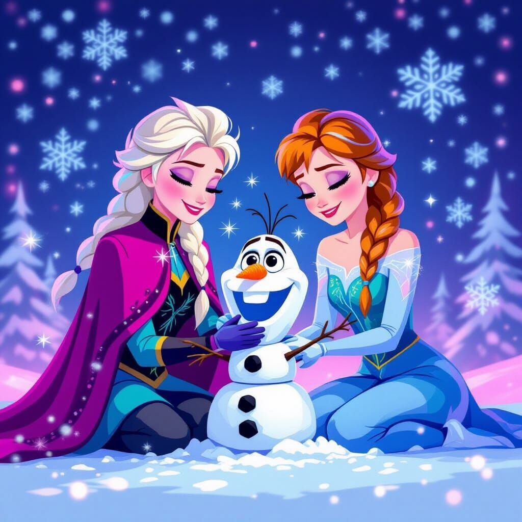 Elsa and Anna Build Olaf in Synthwave Neon Style