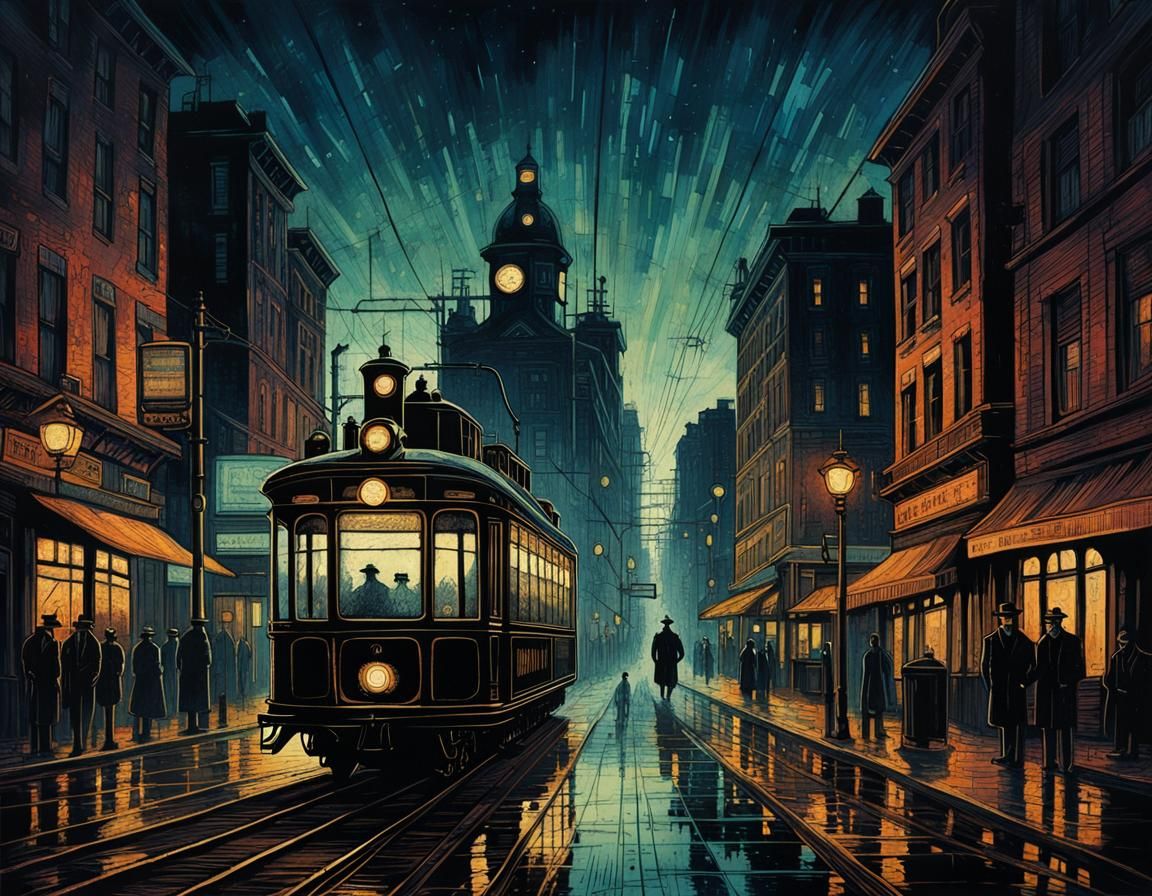 Vintage Neo-Noir Tram in Steampunk Cityscape
