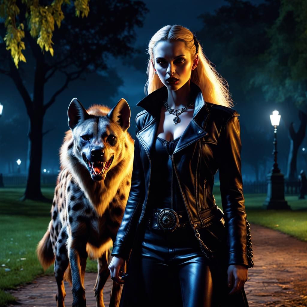 Vampire Girl Hunting with Hyena Ghoul in Park