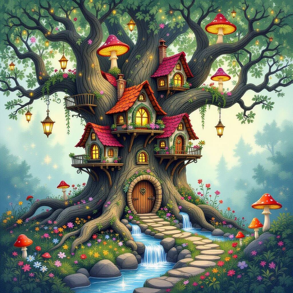 Enchanting Fairy Village in Ancient Tree, Watercolor Style