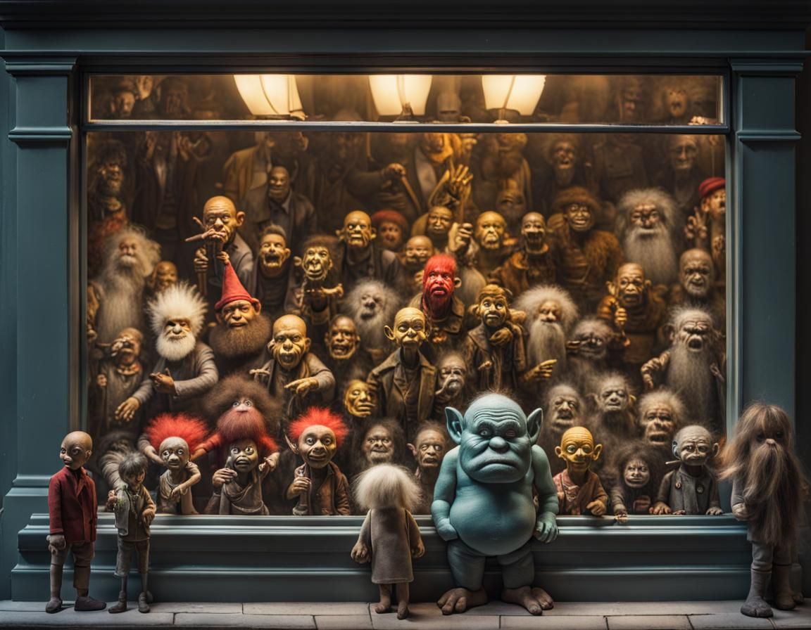 Toy Shop Display with Miniature Humans in Dark Fantasy Style