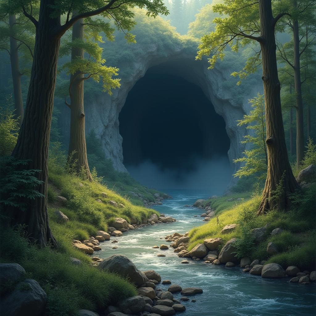 Mystical Cave Entrance in Dreamy Golden Light