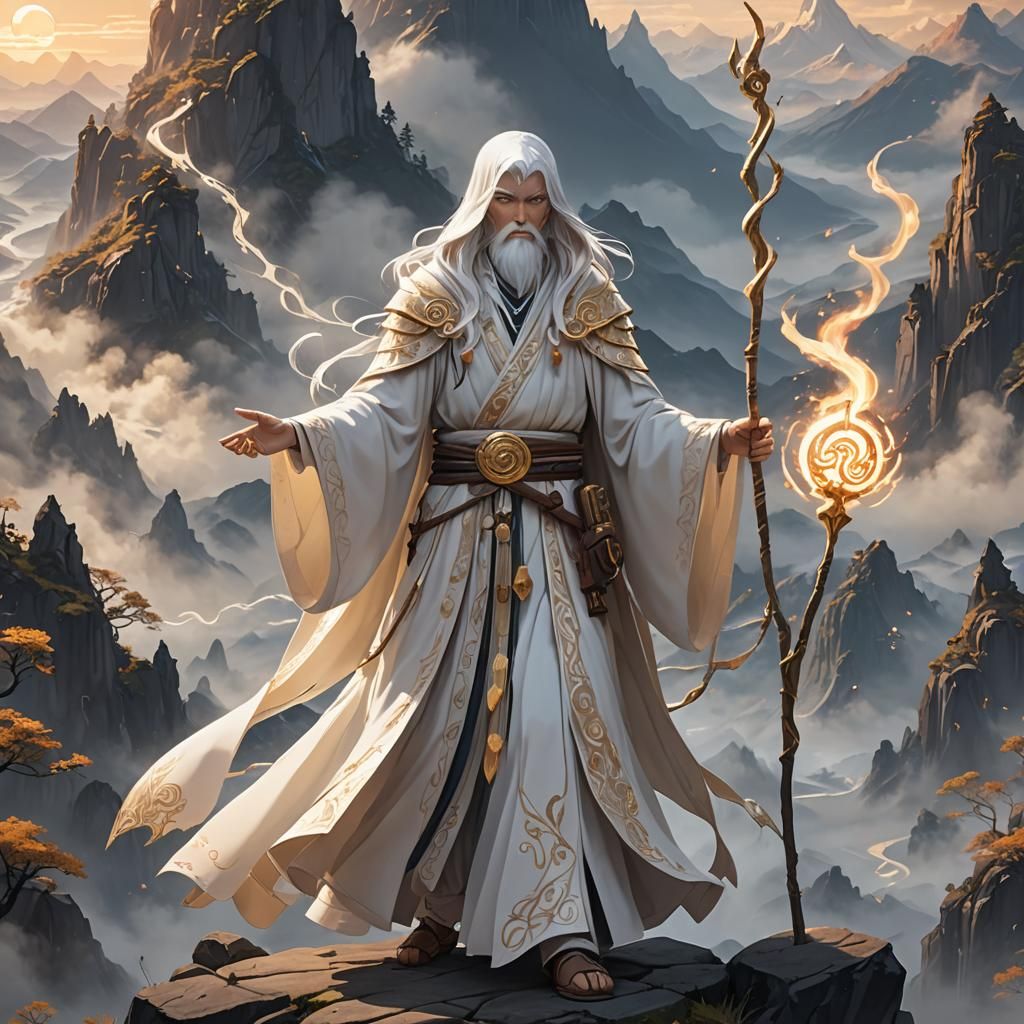 White Wizard in Misty Mountains: 3D Anime Art