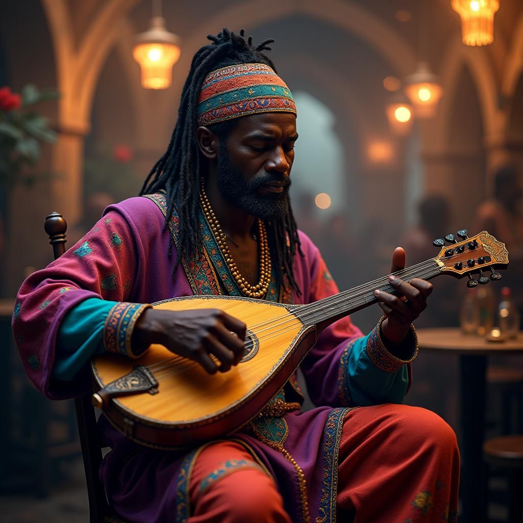African Bard Plays Lute in Mystical Tavern