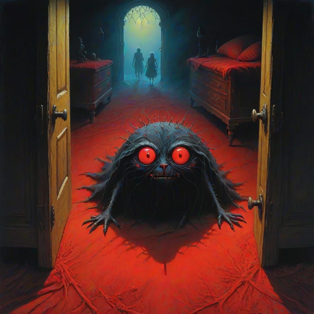 Evil Dust Bunnies Under Bed in Dark Fantasy Oil Painting