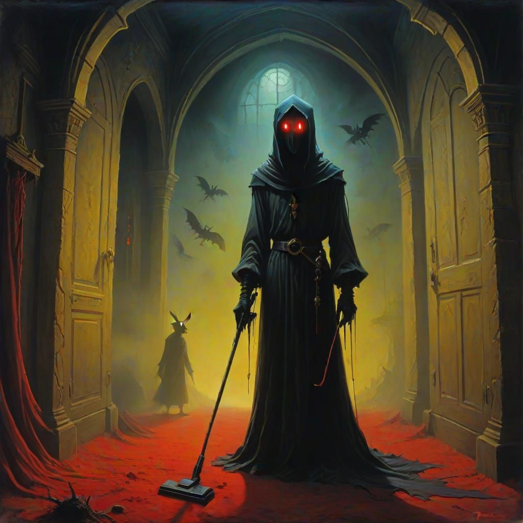 Eerie Dust Bunny Battle: Dark Fantasy Oil Painting