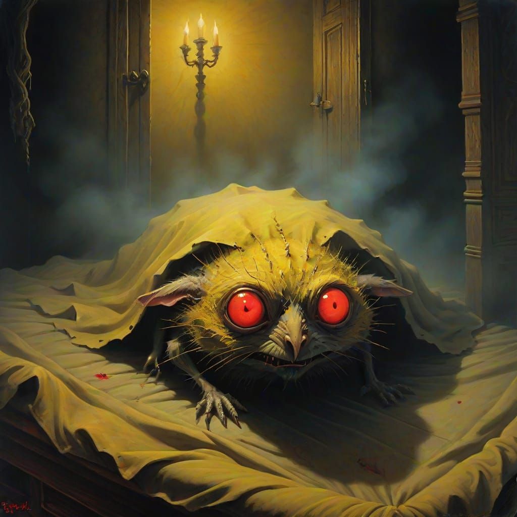 Evil Dust Bunnies Lurk: Dark Fantasy Oil Painting