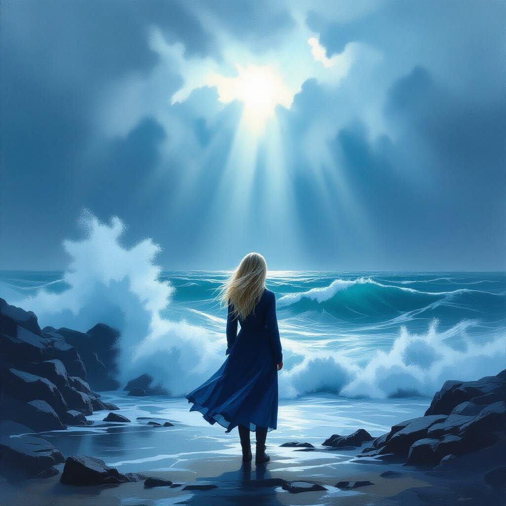 Ethereal Girl Defies Stormy Sea in Impasto Style