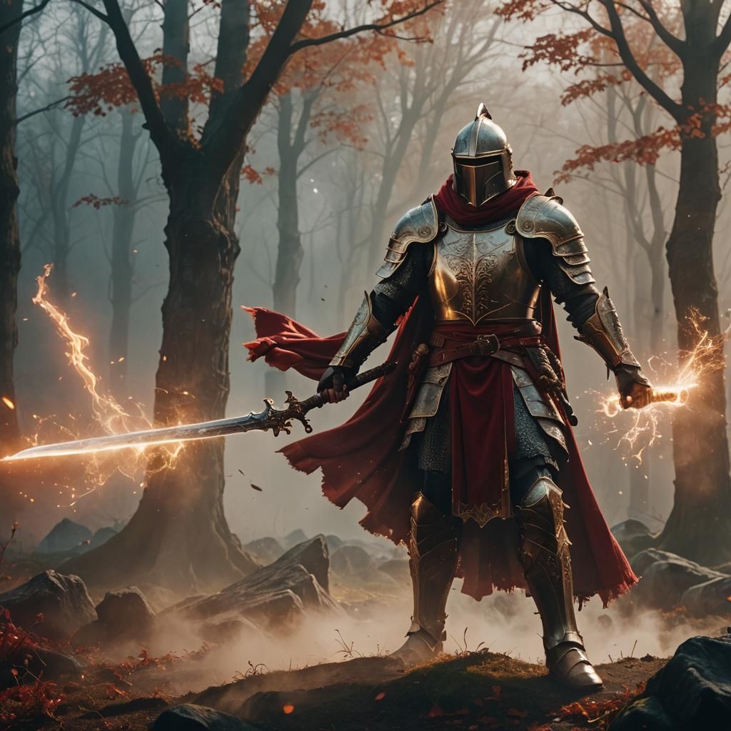 a heroic knight in gleaming, ornate armor.