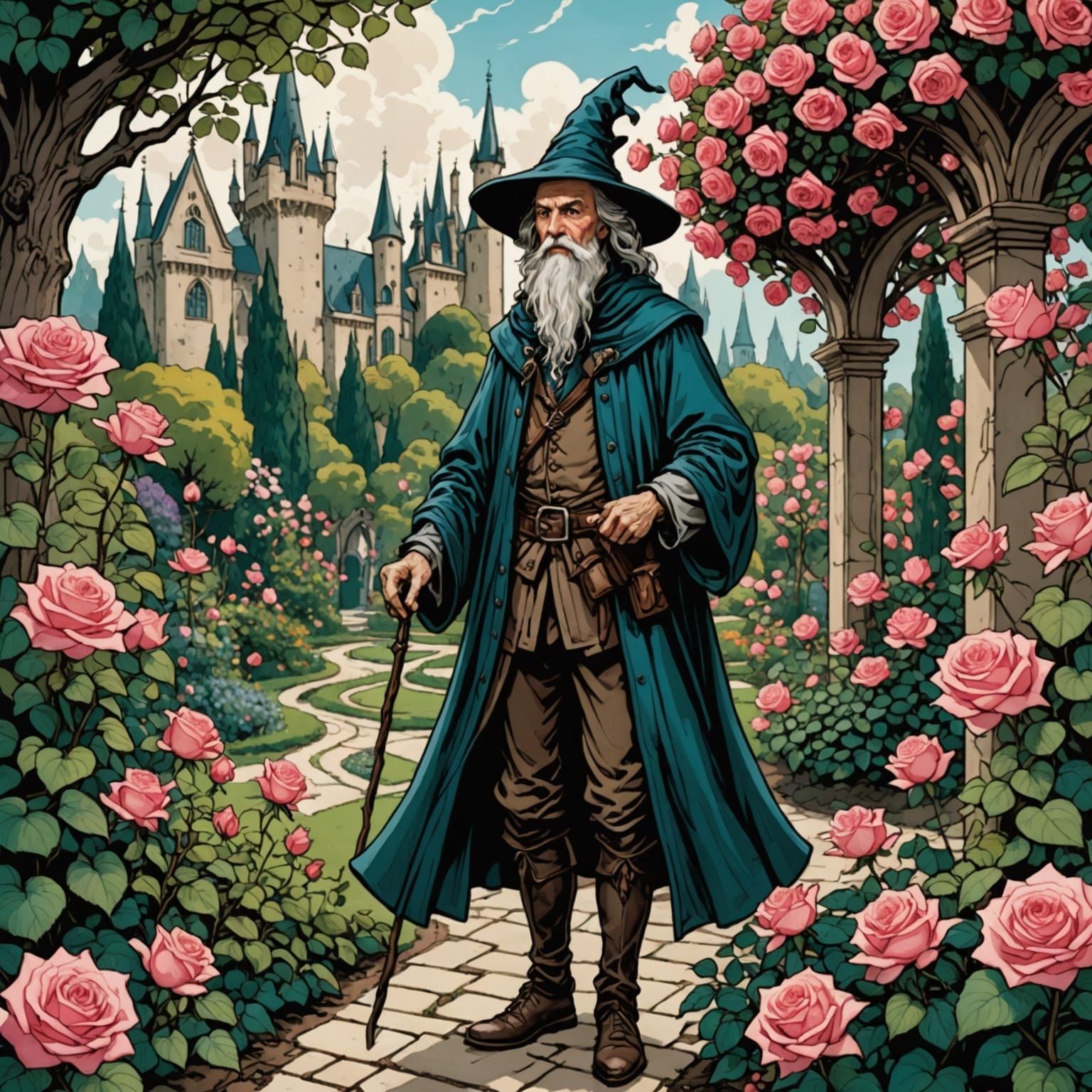 Enchanted Rose Garden with Wizard, Rackham Style