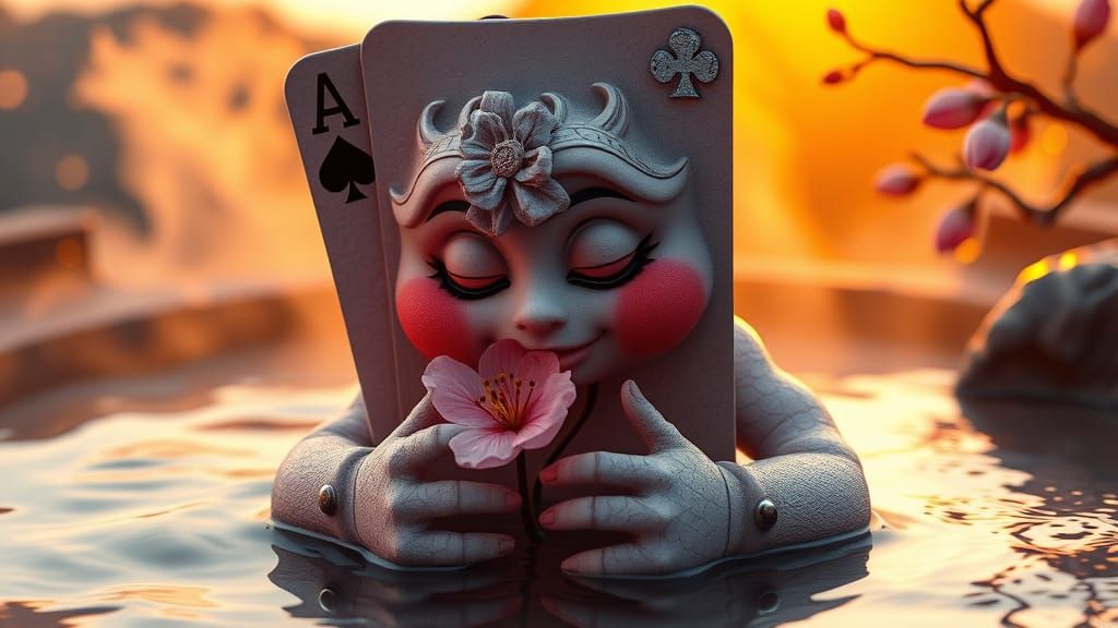 Poker Card Monster Nuzzles Cherry Blossom in Volcanic Oasis