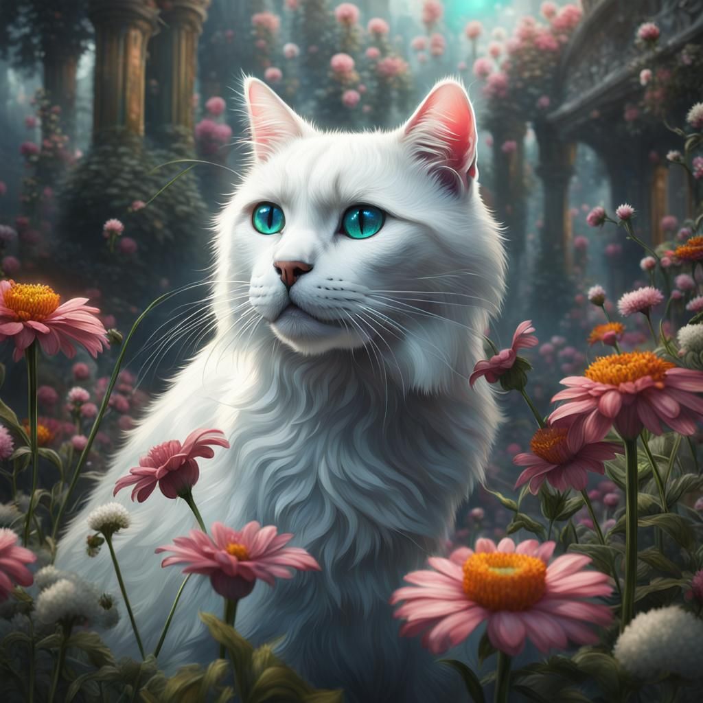 White Cat Sniffs Flower in Detailed Matte Painting
