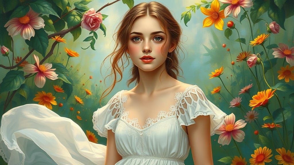Whimsical Young Woman in Dreamlike Landscape