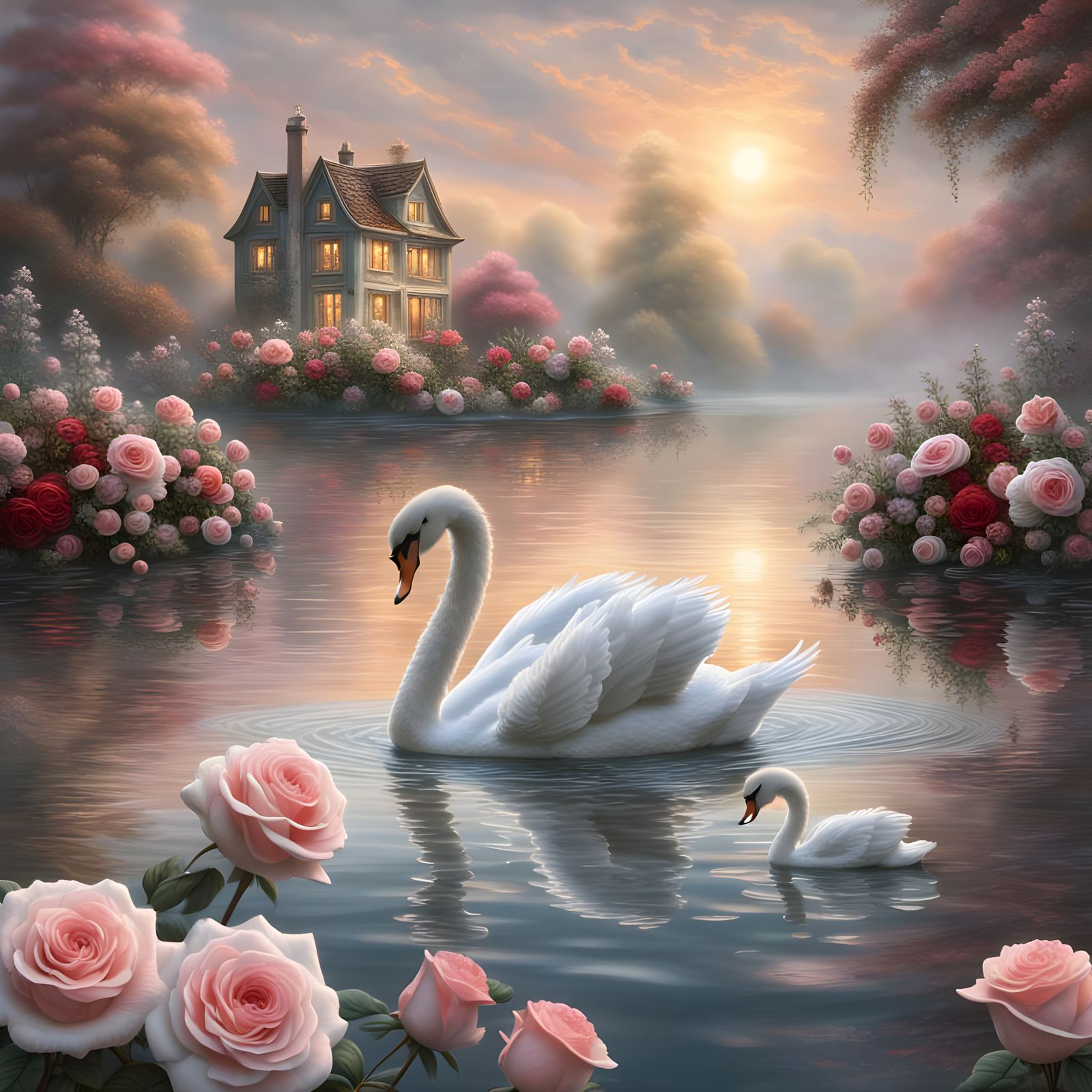 Swan and Cygnets in Rose Garden Setting