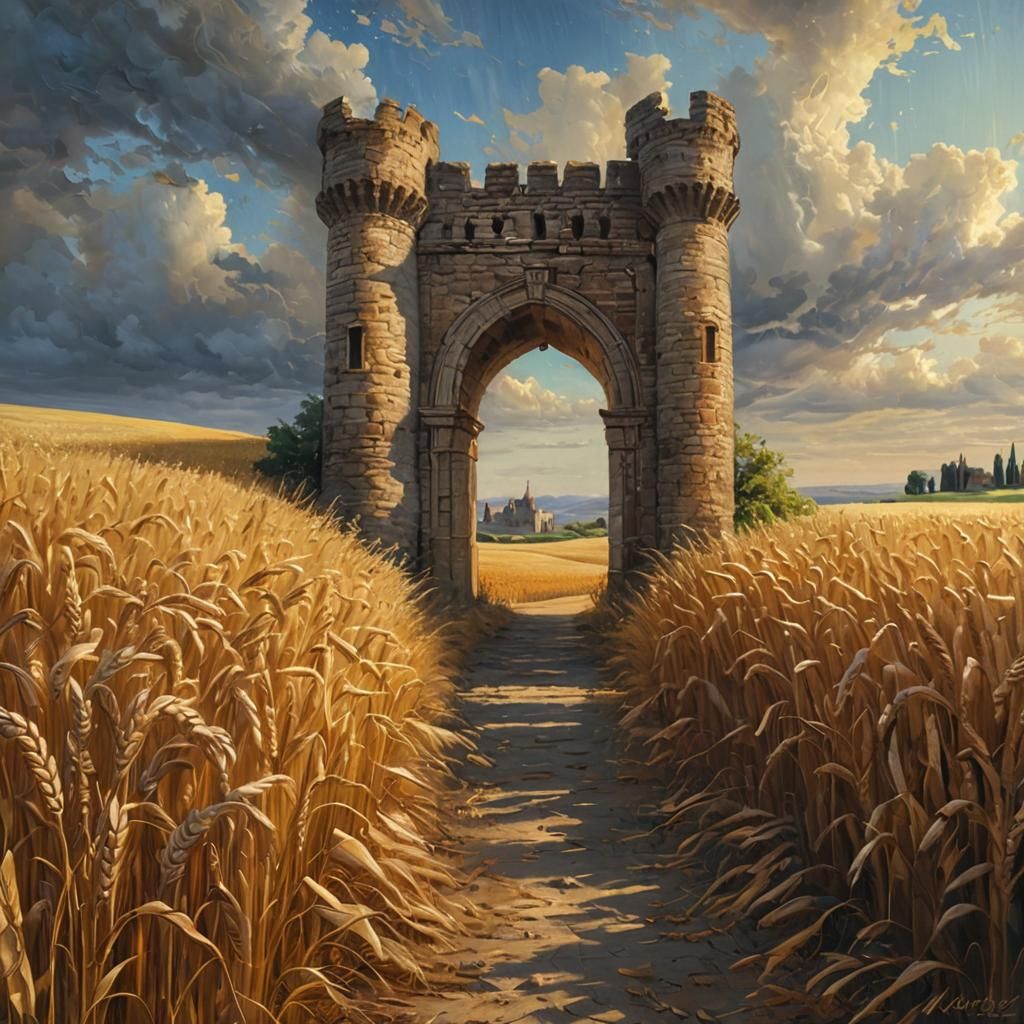 Wheat Field and Castle Archway in Impasto Oil