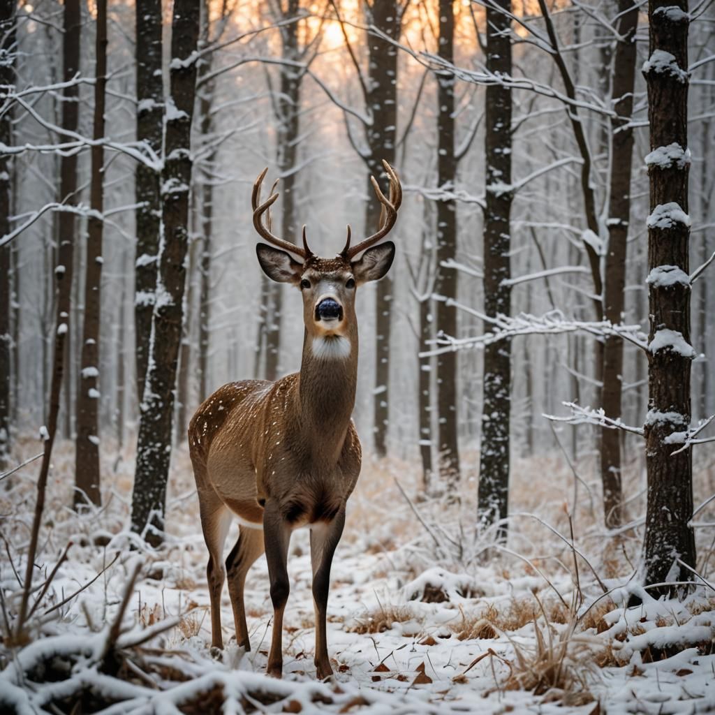Hyperrealistic Deer in Snowy Winter Wonderland