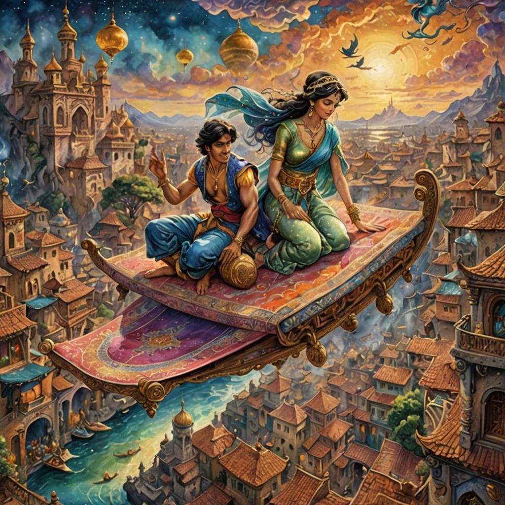 Aladdin and Jasmine's Magic Carpet Ride: Watercolor Art