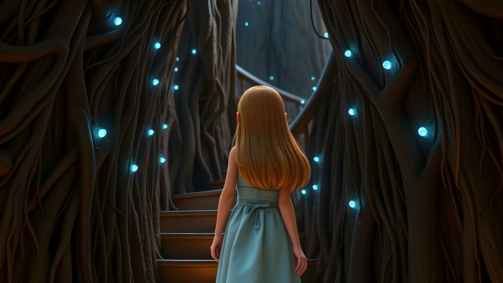 Girl Ascends Tree Staircase in Pixar-Inspired 3D Art