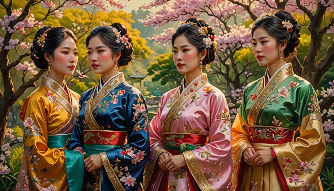 Asian Women in Garden, Vibrant Oil Painting