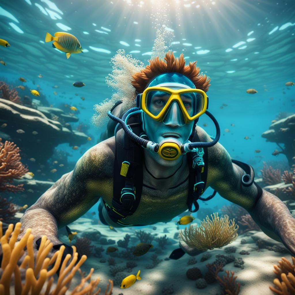 Snorkeler in Reef: 3D Game Cinematic Macro Photo