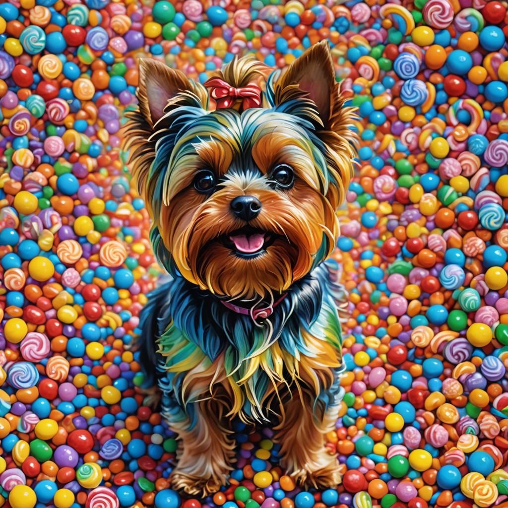 Rainbow Yorkie Plays in Candy Landscape