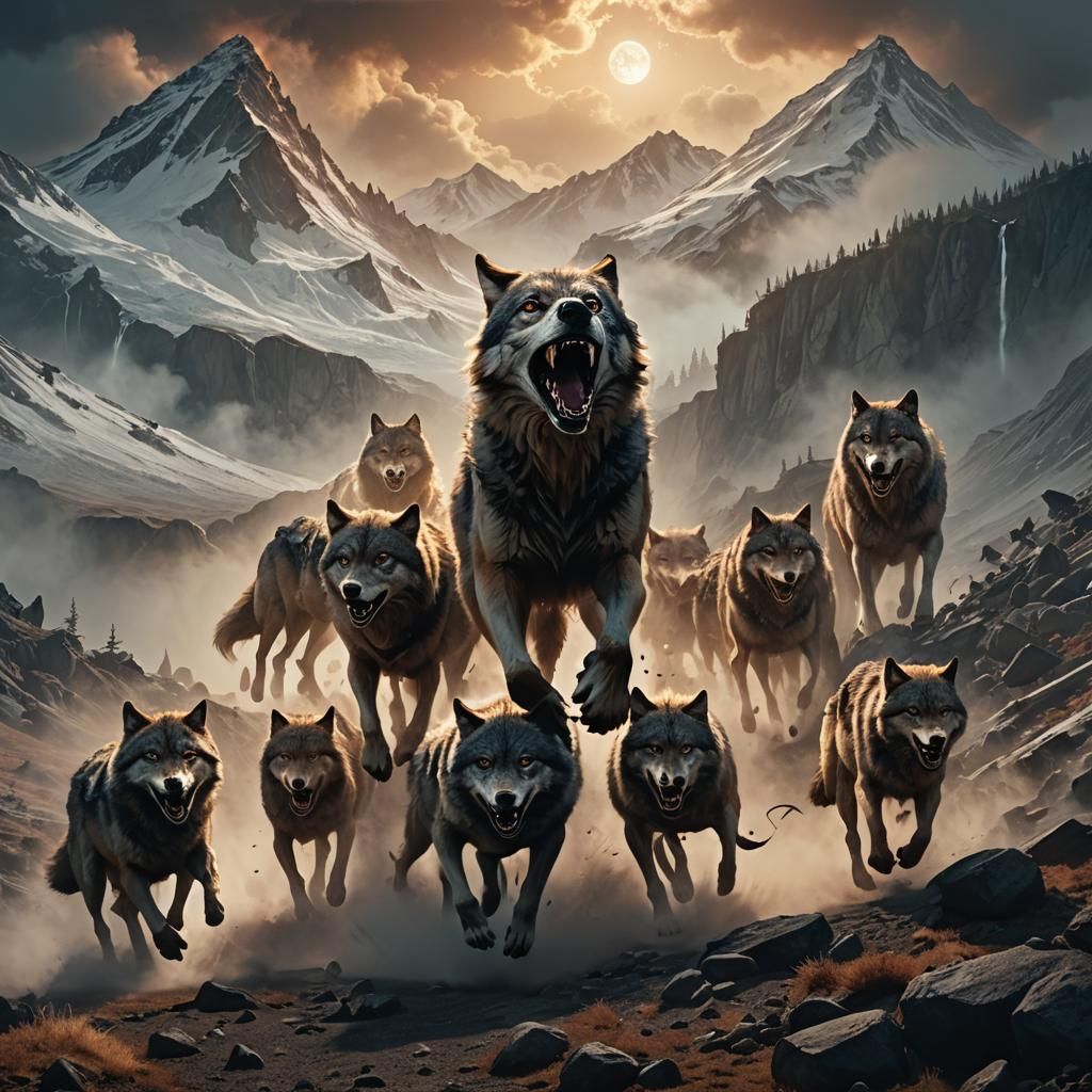 Wolves Charge Smoldering Volcano in Matte Painting Style