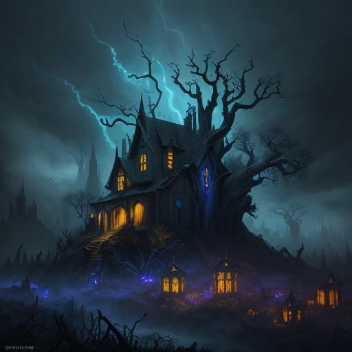 Haunted House in Stormy Night, Oil Painting
