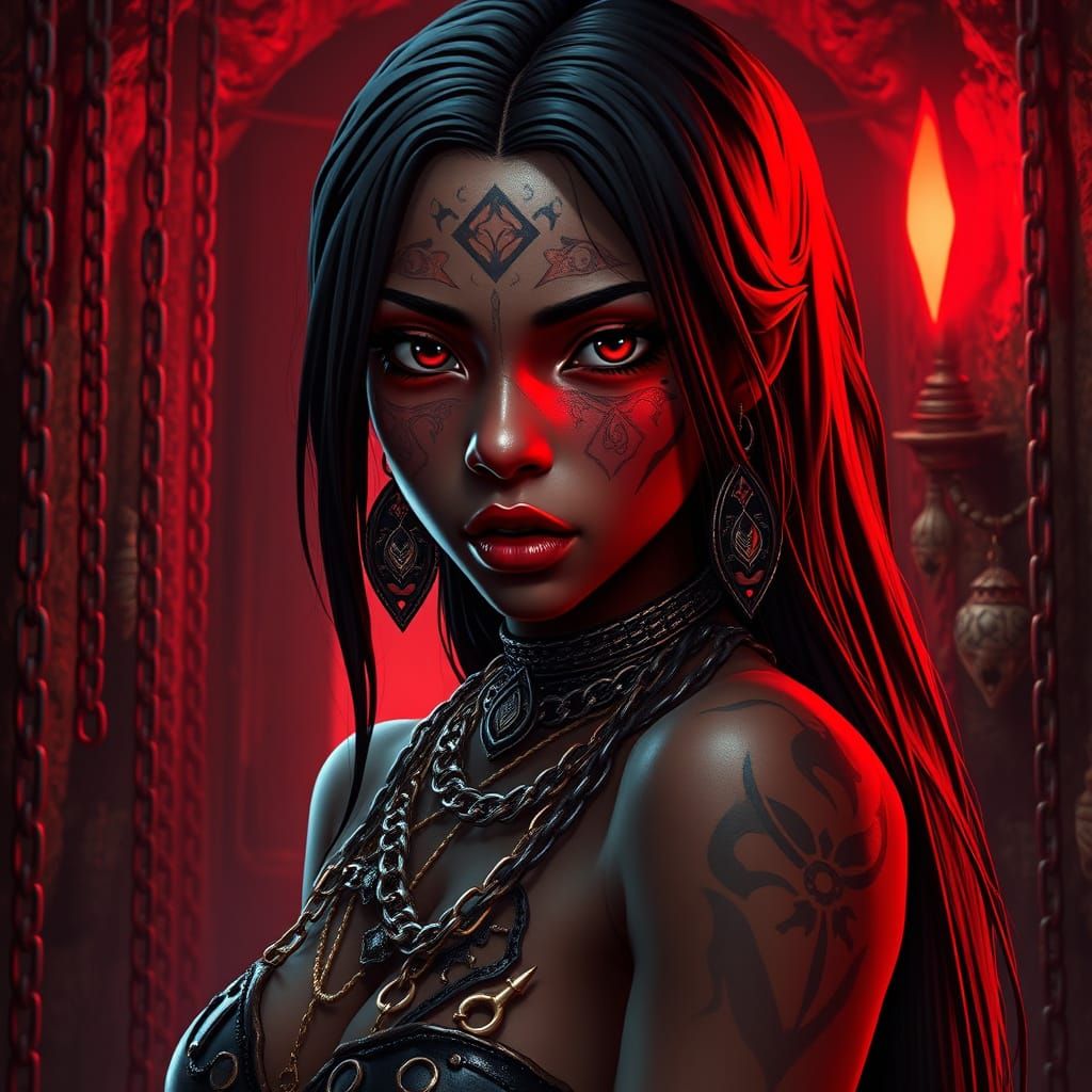 African Girl in Dark Dungeon with Chains and Red Glow