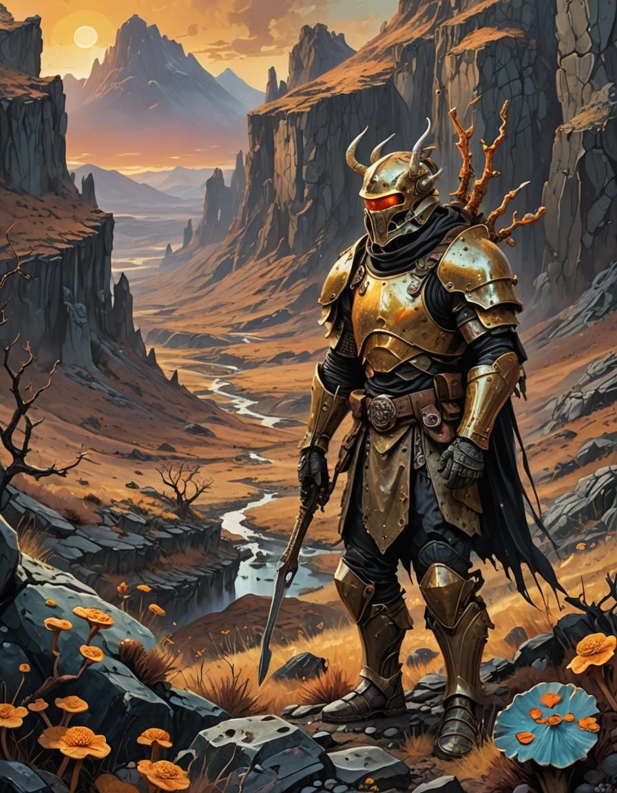 Fungal Armor Combatant in Surreal Highland Landscape