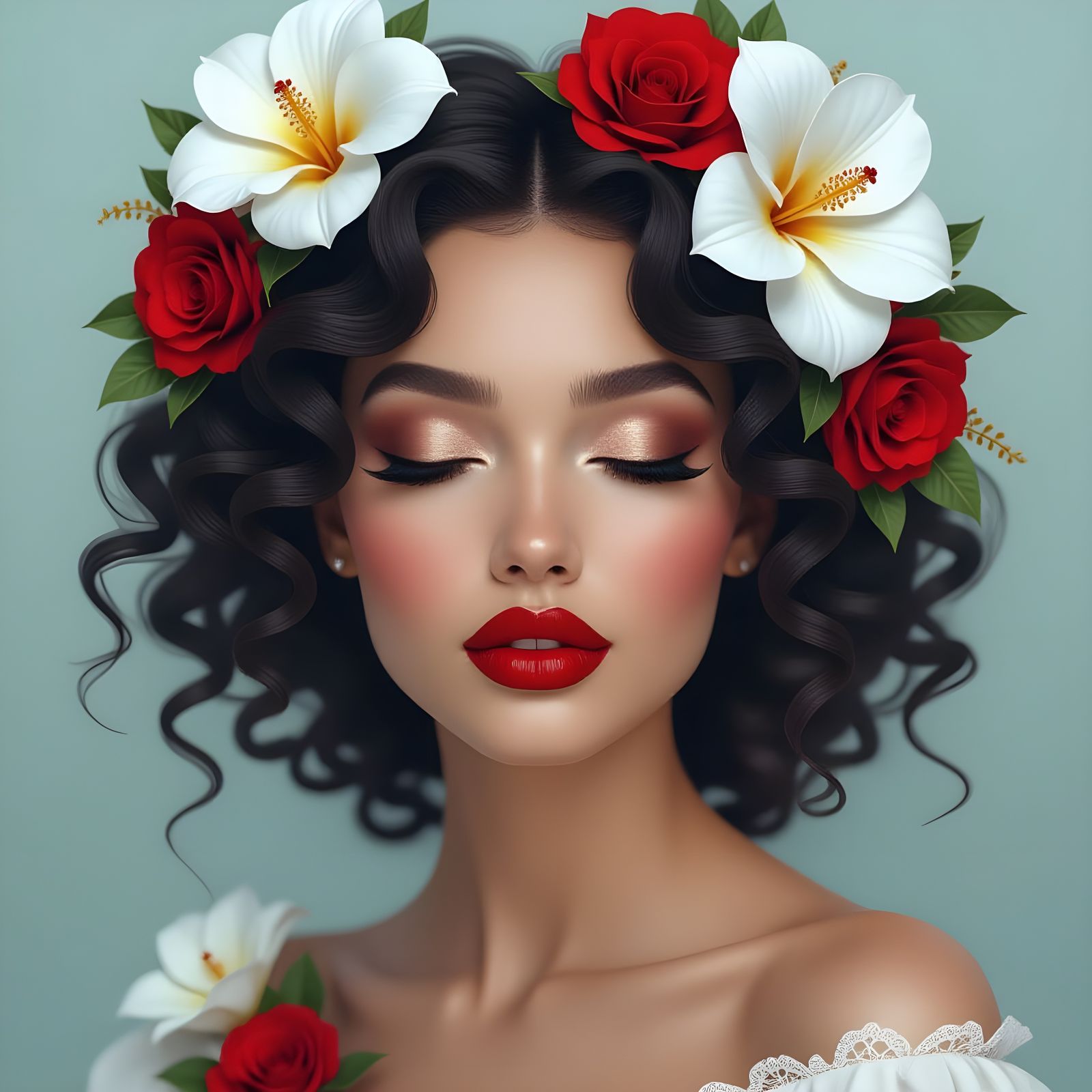 Ethereal 3D Woman Portrait with Red Flowers