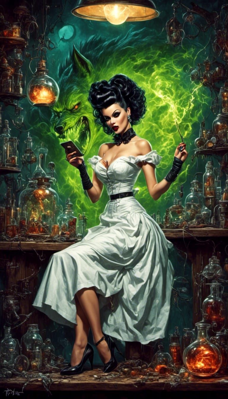 Werewolf Pinup in Frankenstein's Lab, Retro Art