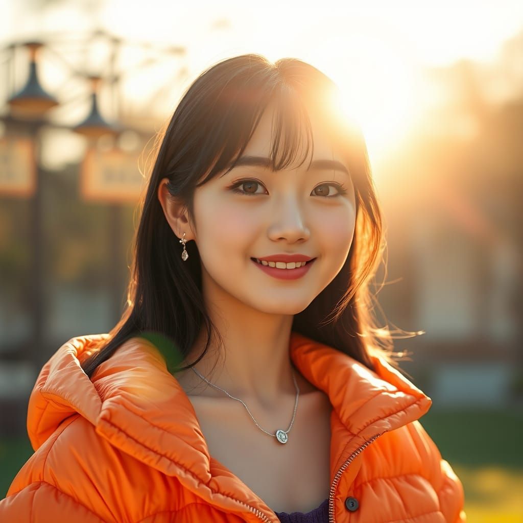 vivid bright image 1/2 full length picture of very realistic Korean Girl with long hair, very small earrings tiny neckla...