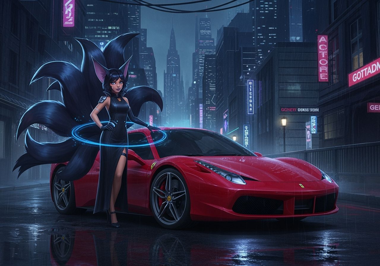 Ahri in Gotham with Ferrari: Noir Cyberpunk Digital Art